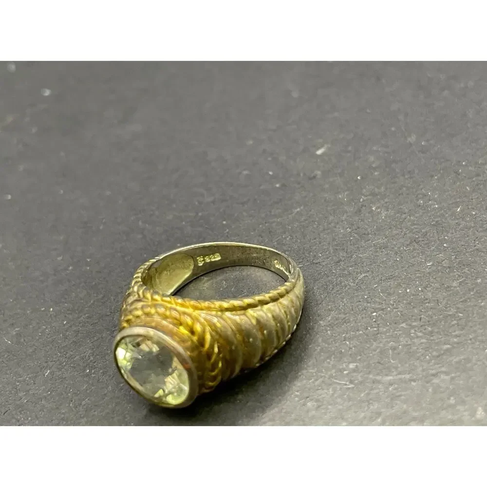 925 Sterling Silver Two Tone Cable Ribbed Bezel Ring Light Green Stone Sz 9
